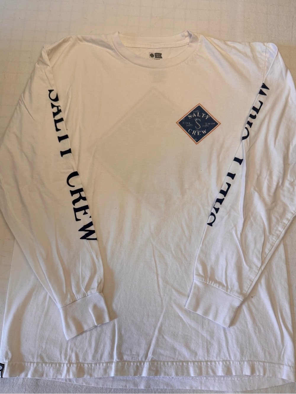 Salty Crew White Long Sleeve Tee with Navy Sleeve Logos
